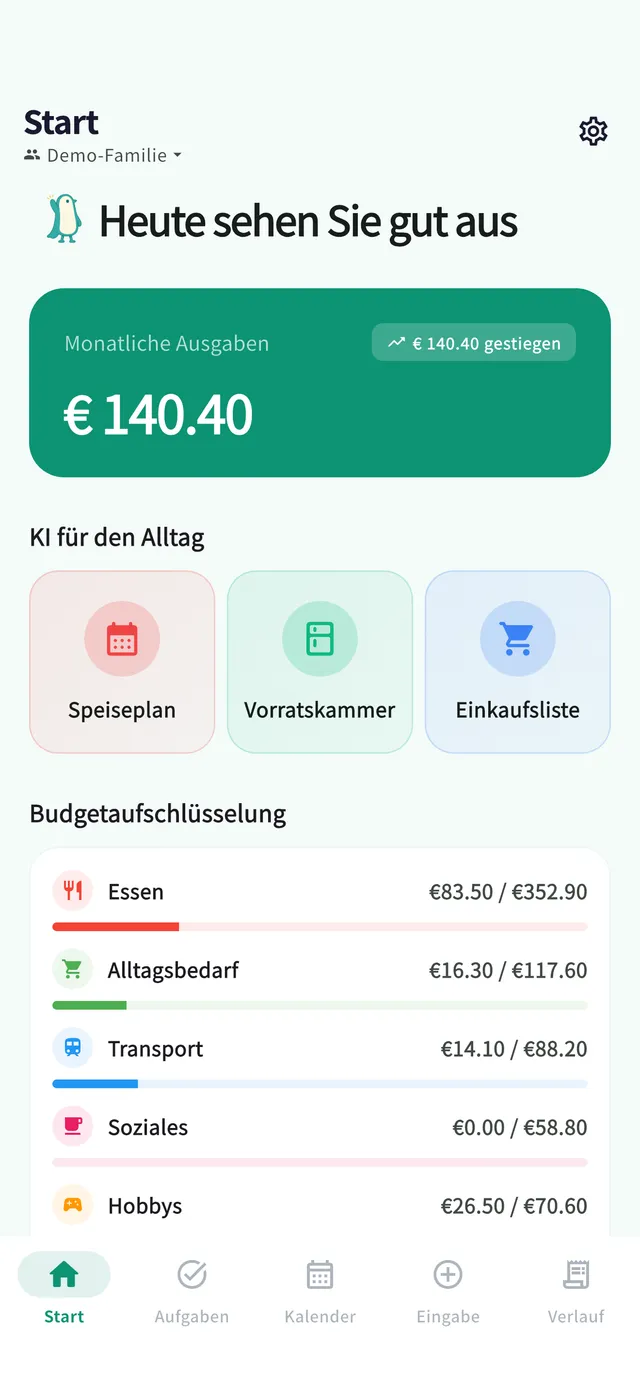 Startbildschirm: Ausgabenübersicht des Monats