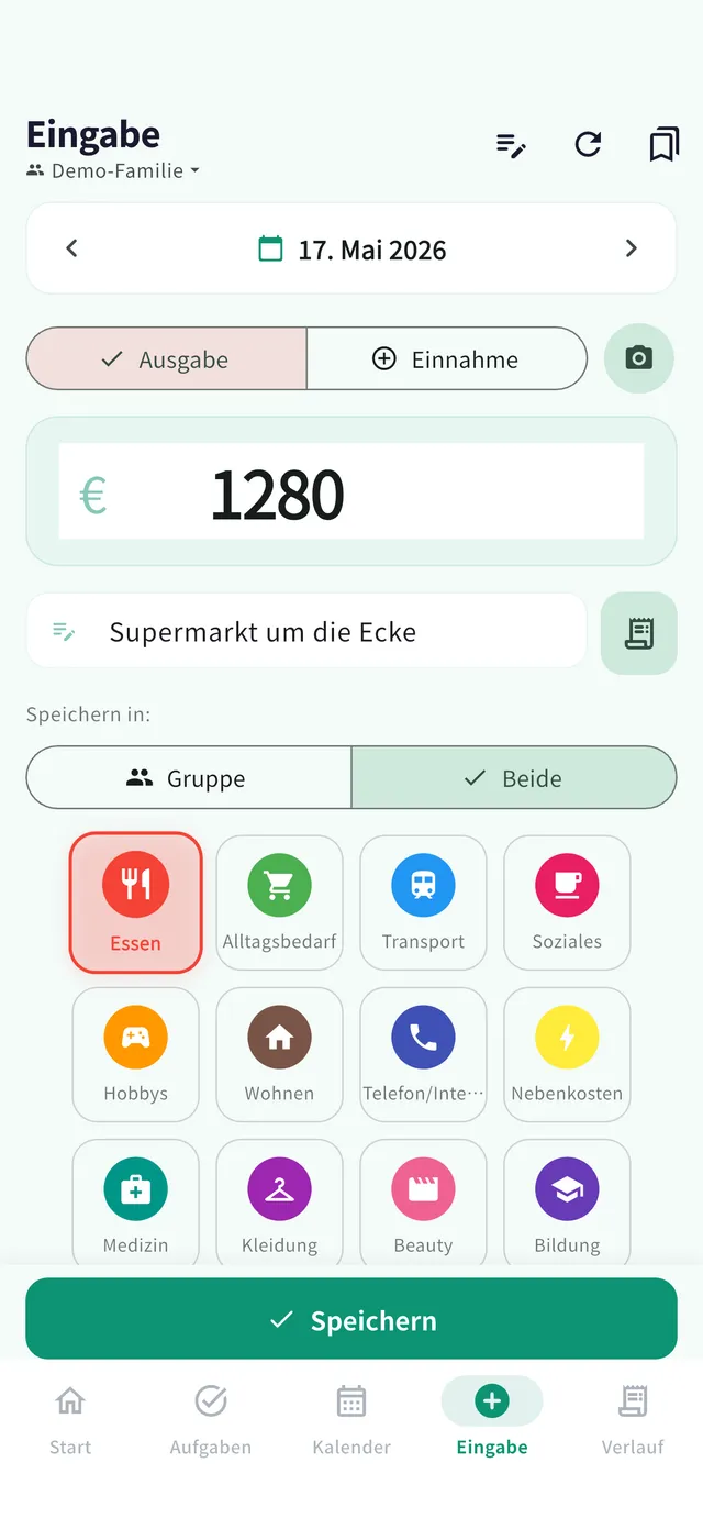 Eingabebildschirm: Belegaufnahme-Taste, Betrag und Kategorien