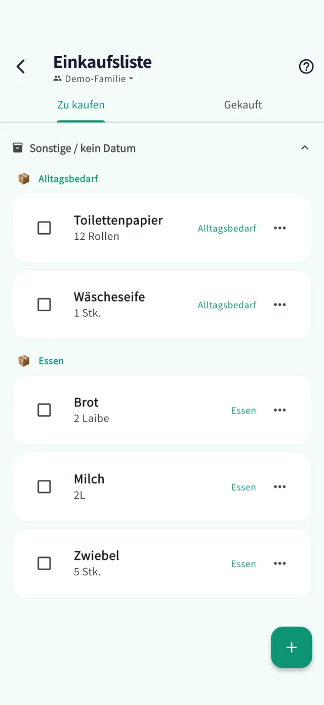 Einkaufslisten-Ansicht