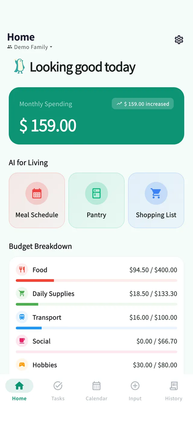 Home screen: monthly spending overview