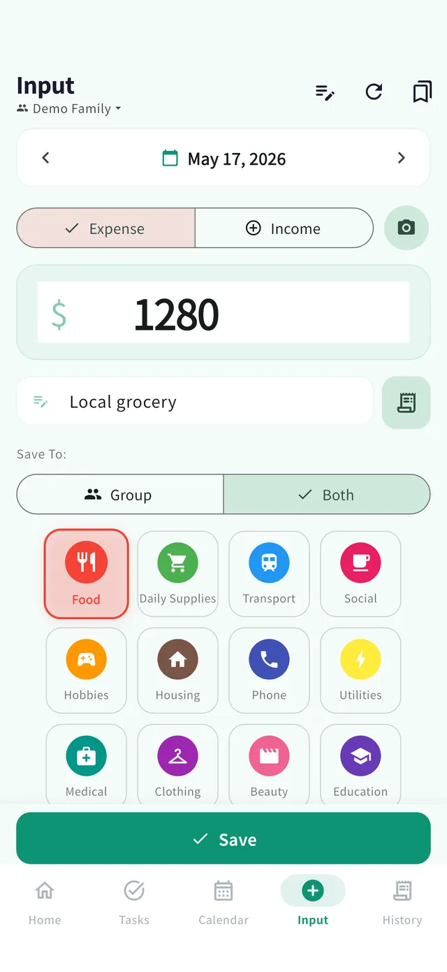 Input screen: receipt capture button, amount, and categories