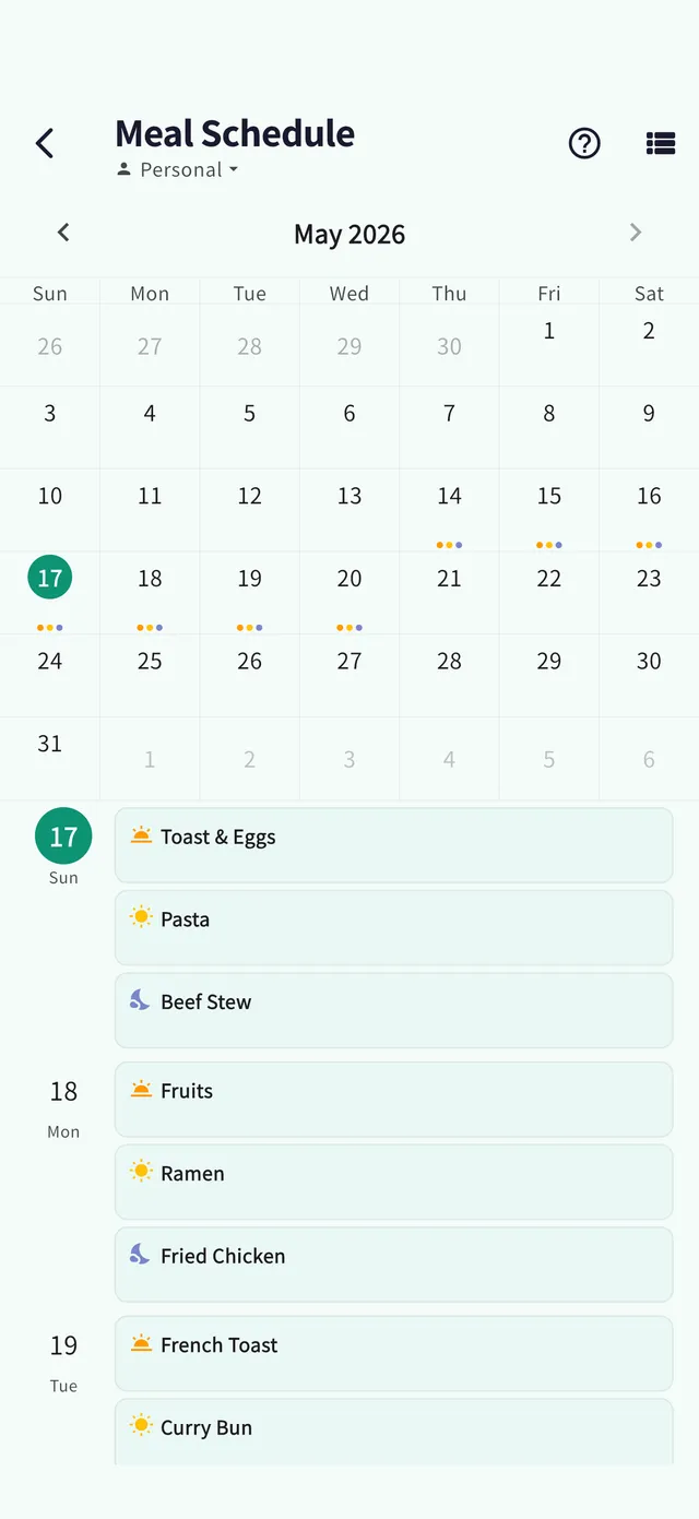 Meal plan screen