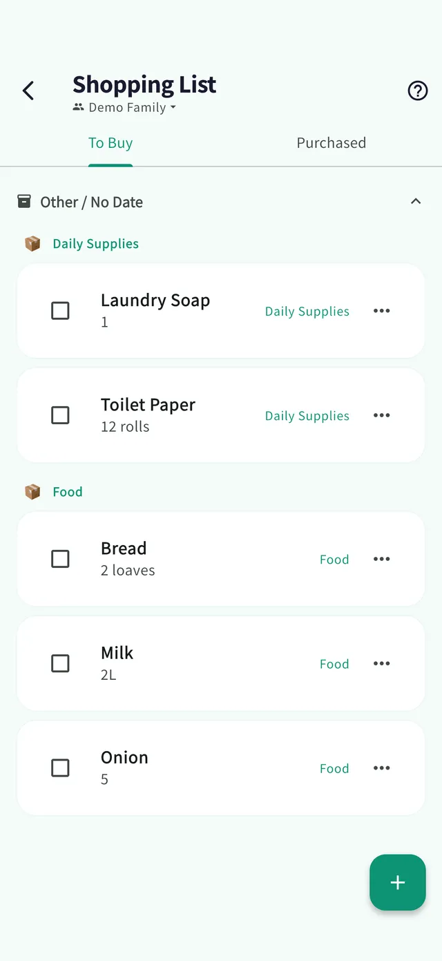 Shopping list screen