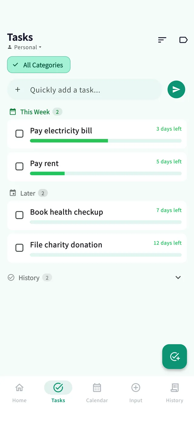 Tasks screen
