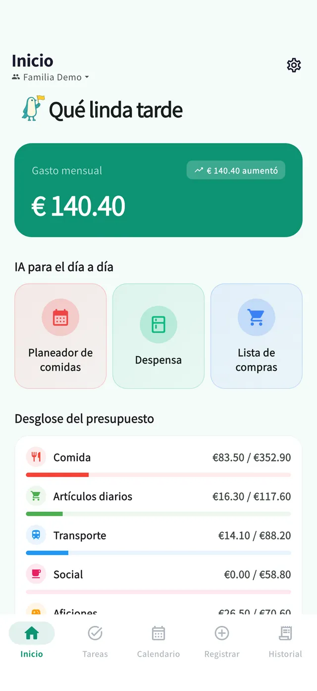 Pantalla de inicio: resumen de gastos del mes