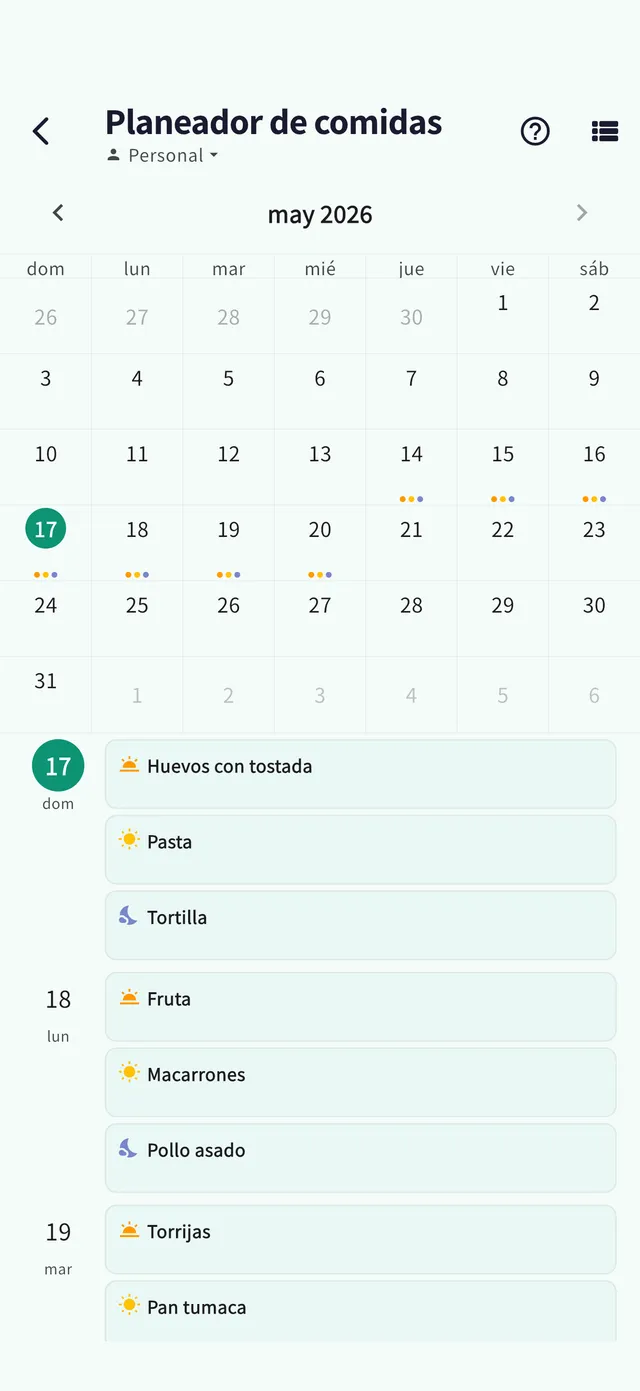 Pantalla de menús