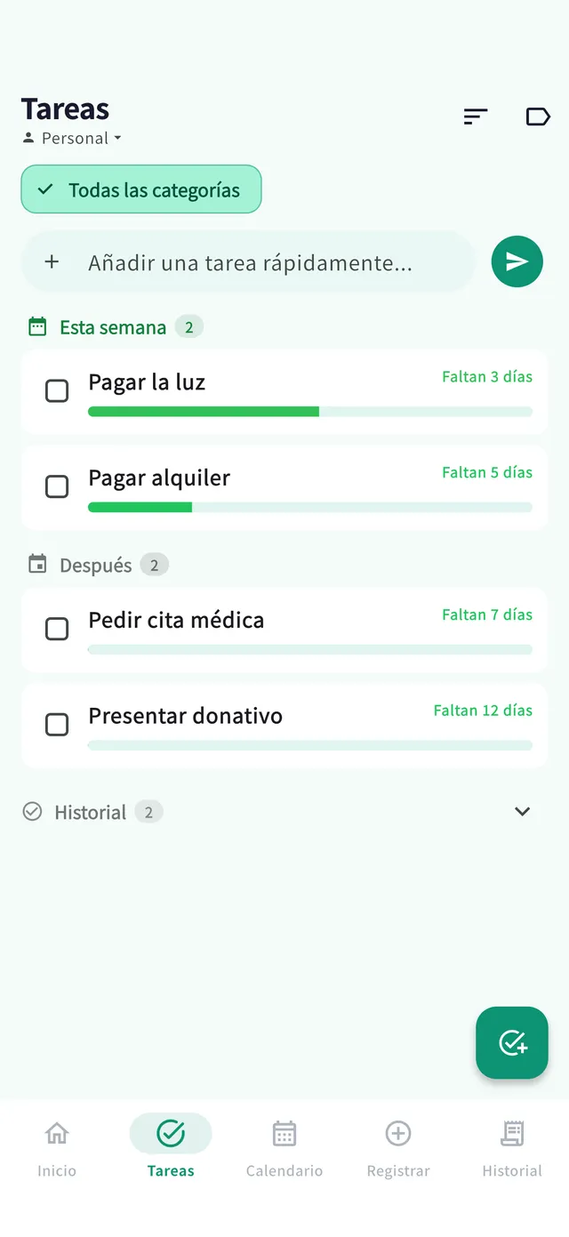 Pantalla de tareas