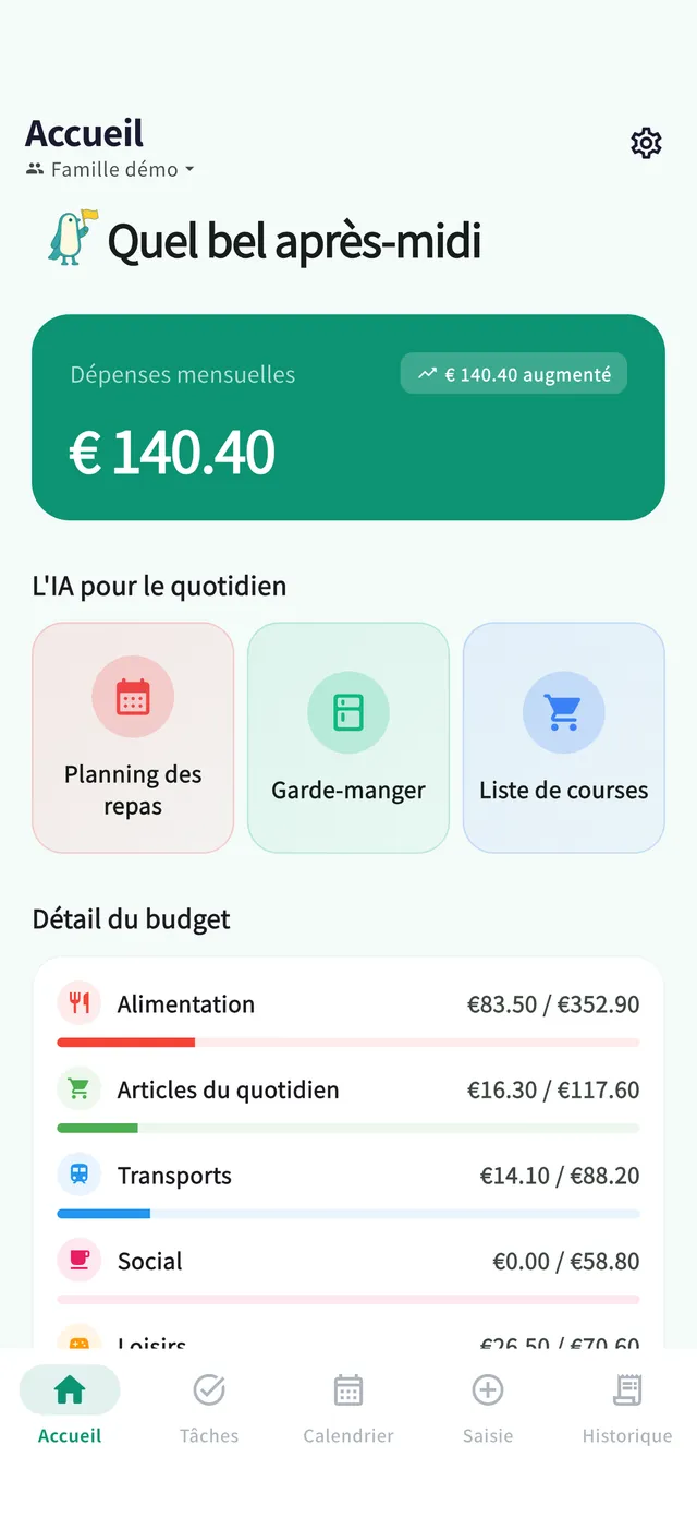 Écran d'accueil : aperçu des dépenses du mois