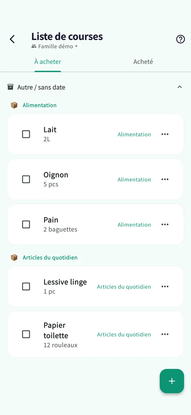 Écran de la liste de courses