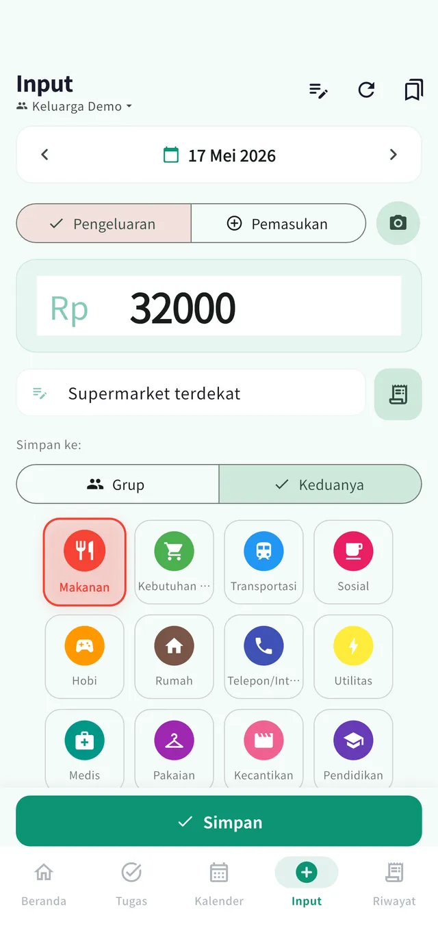Layar input: tombol foto struk, jumlah, dan kategori