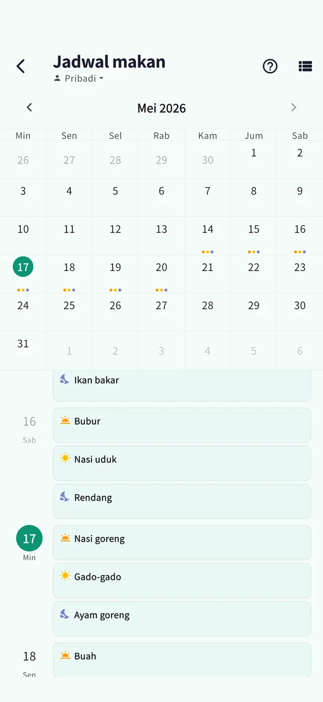 Layar menu masakan