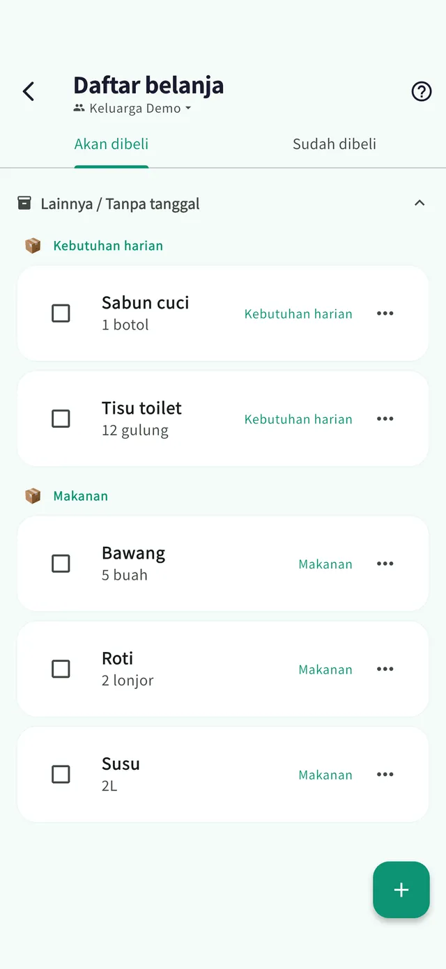 Layar daftar belanja