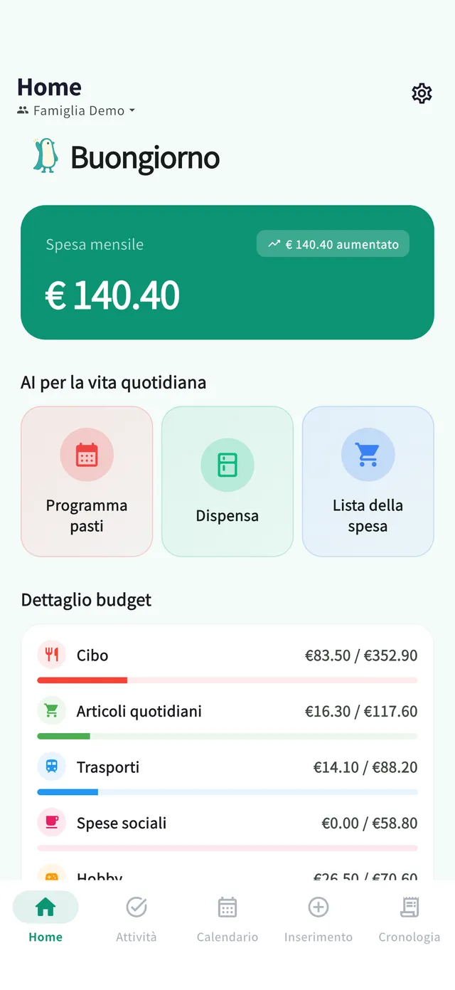 Schermata iniziale: riepilogo delle spese del mese