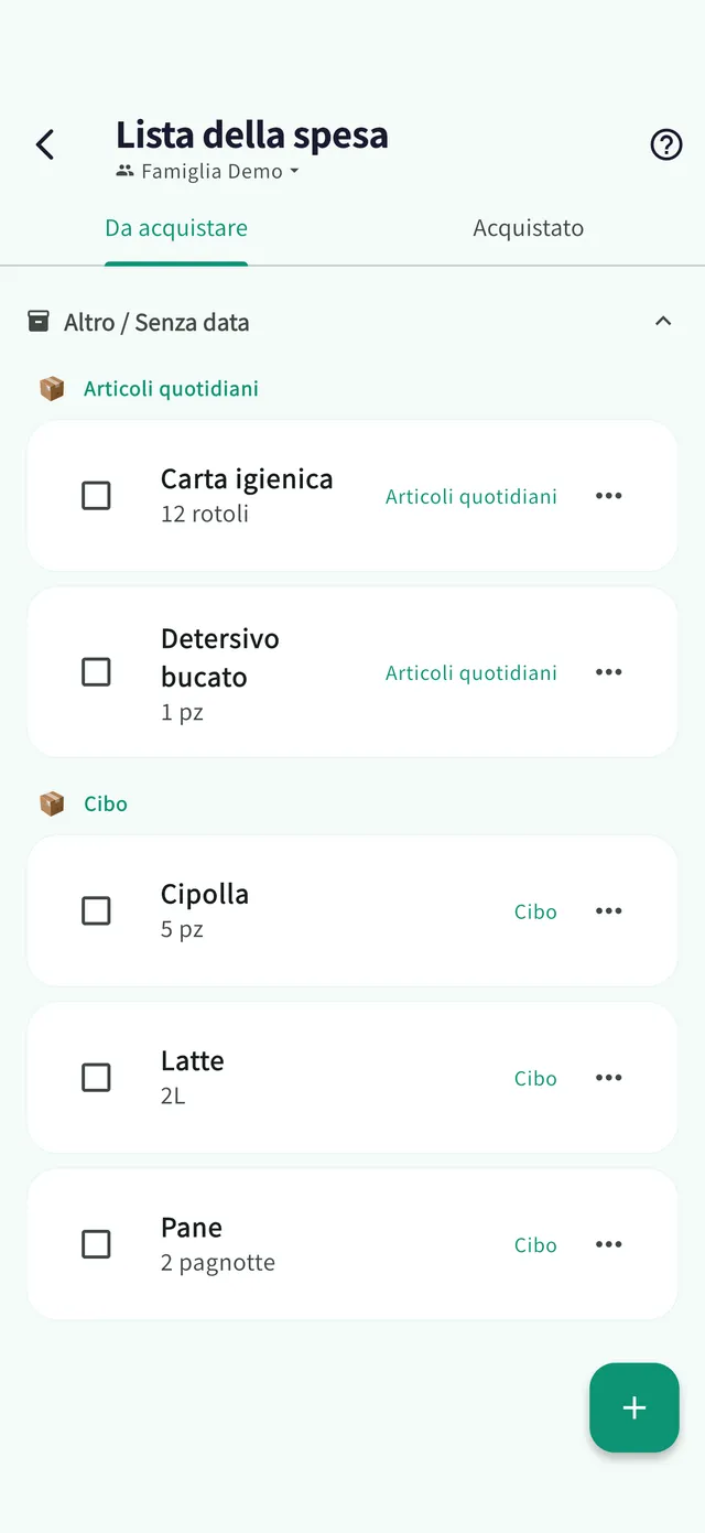 Schermata della lista della spesa