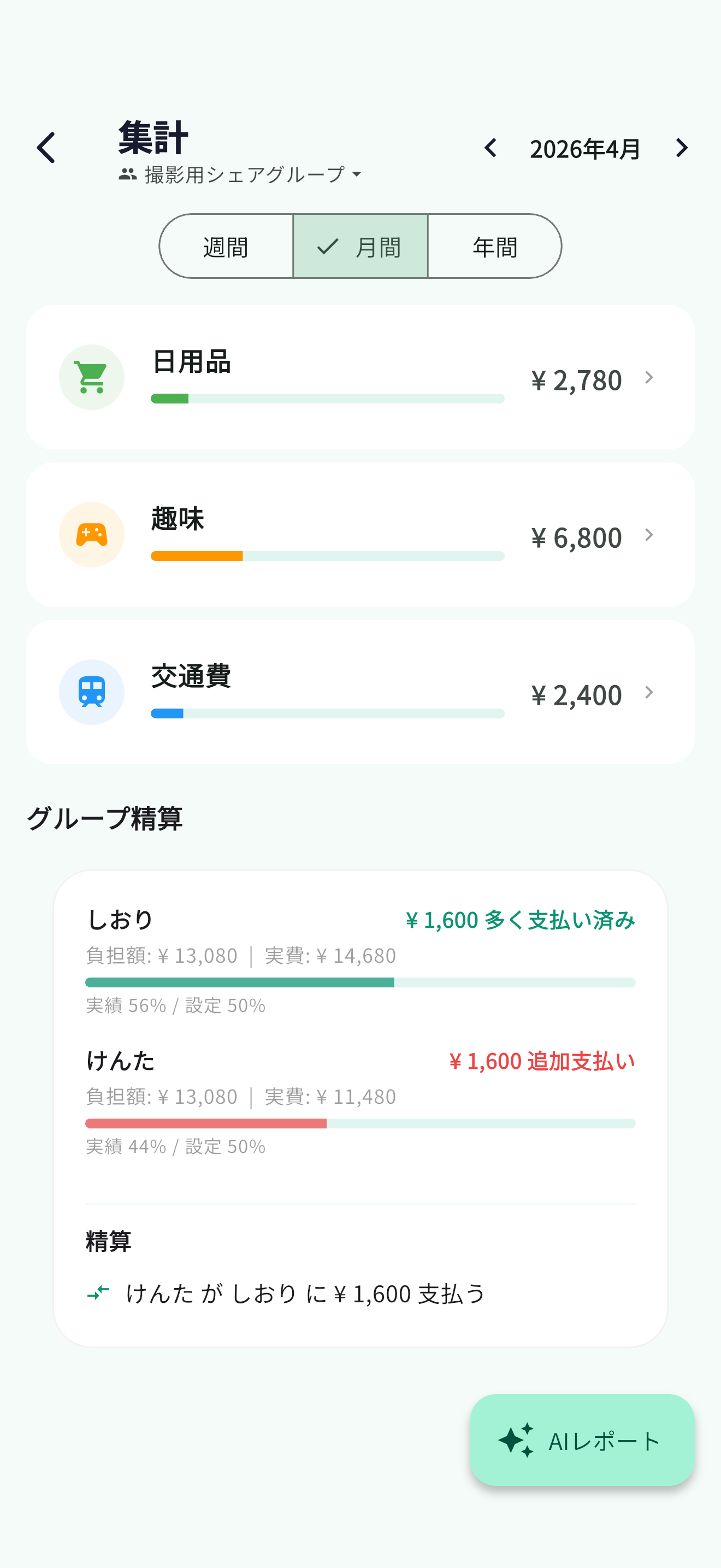 集計画面：グループ精算額の自動計算
