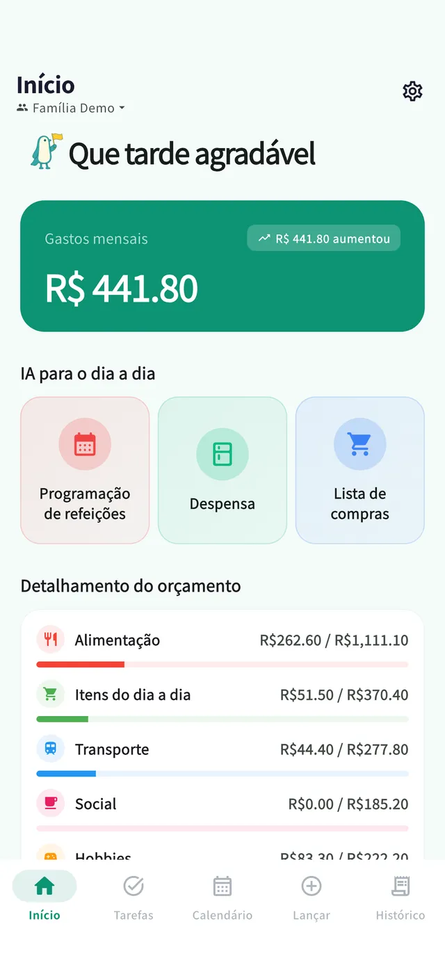 Tela inicial: resumo dos gastos do mês