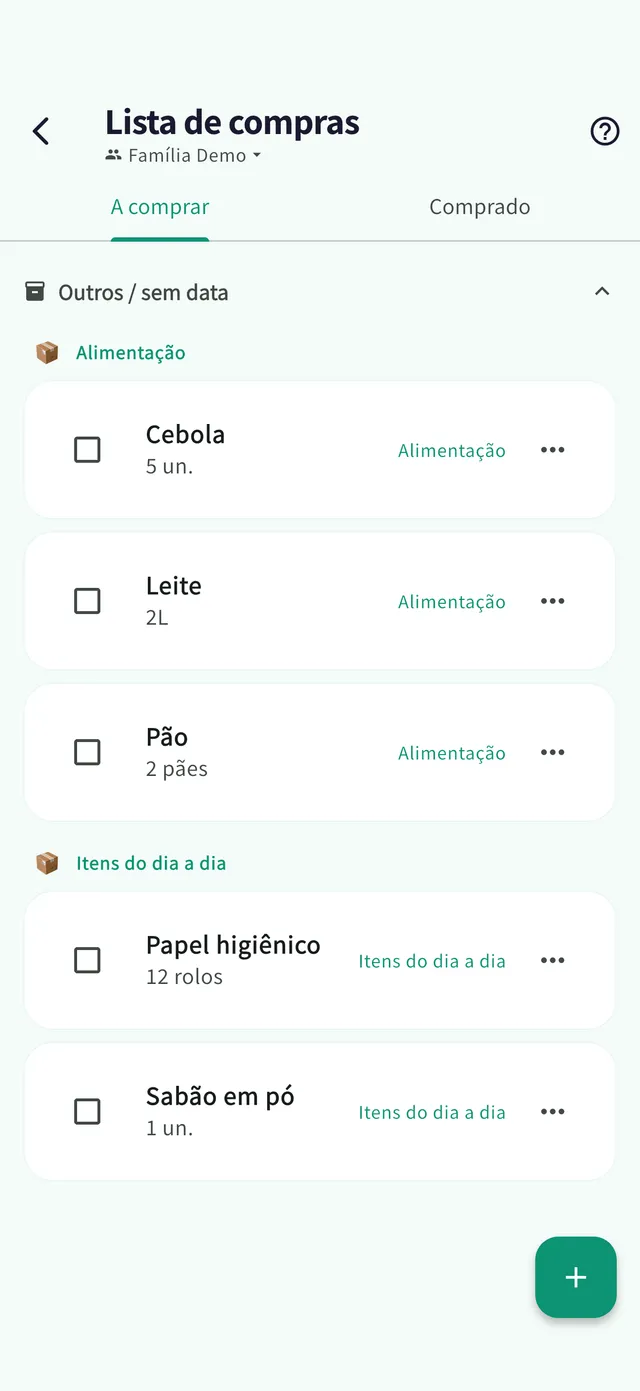 Tela da lista de compras
