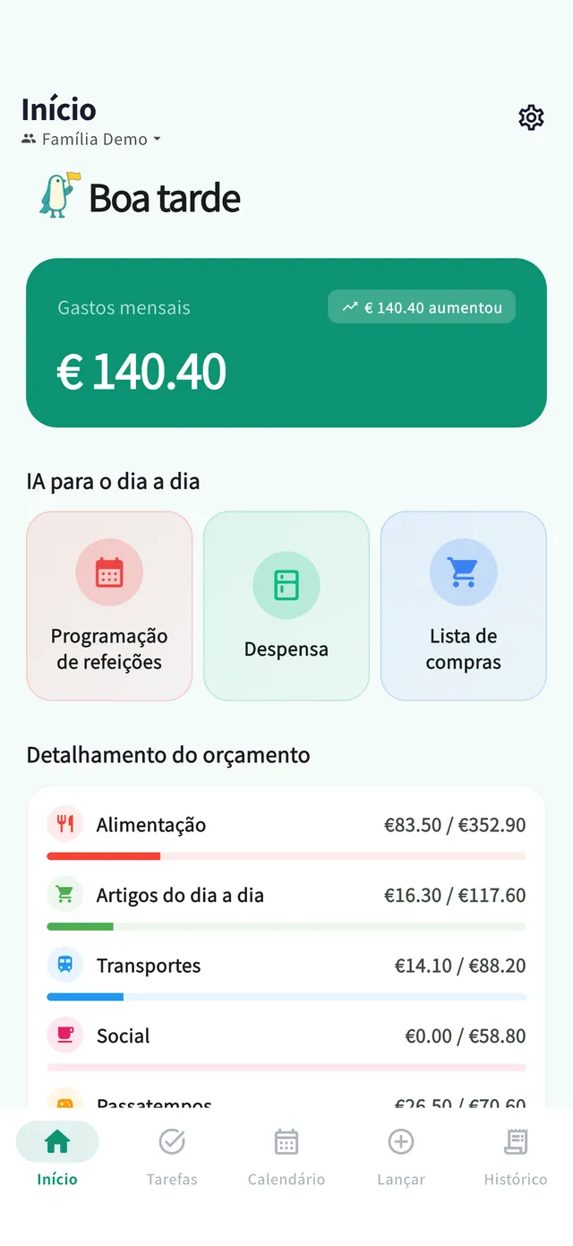 Ecrã inicial: resumo das despesas do mês