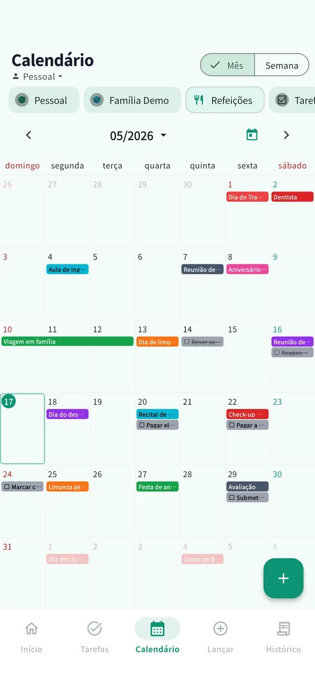 Ecrã do calendário