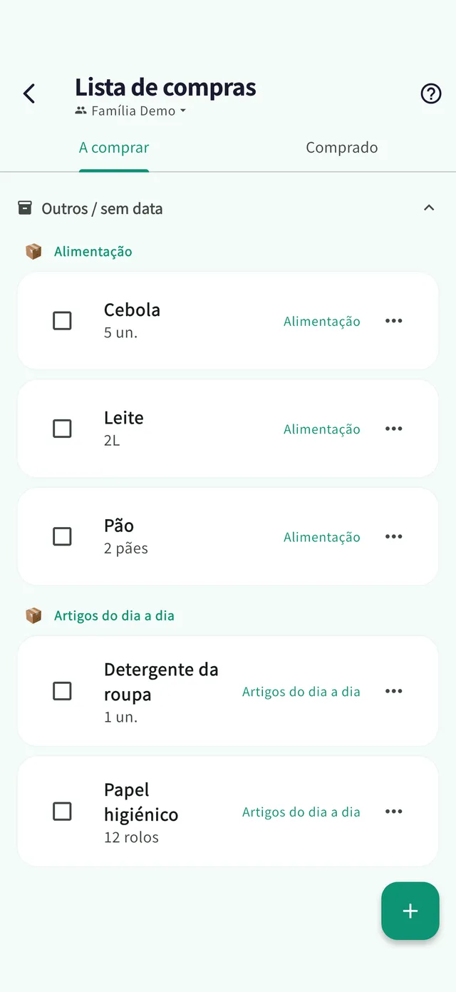 Ecrã da lista de compras